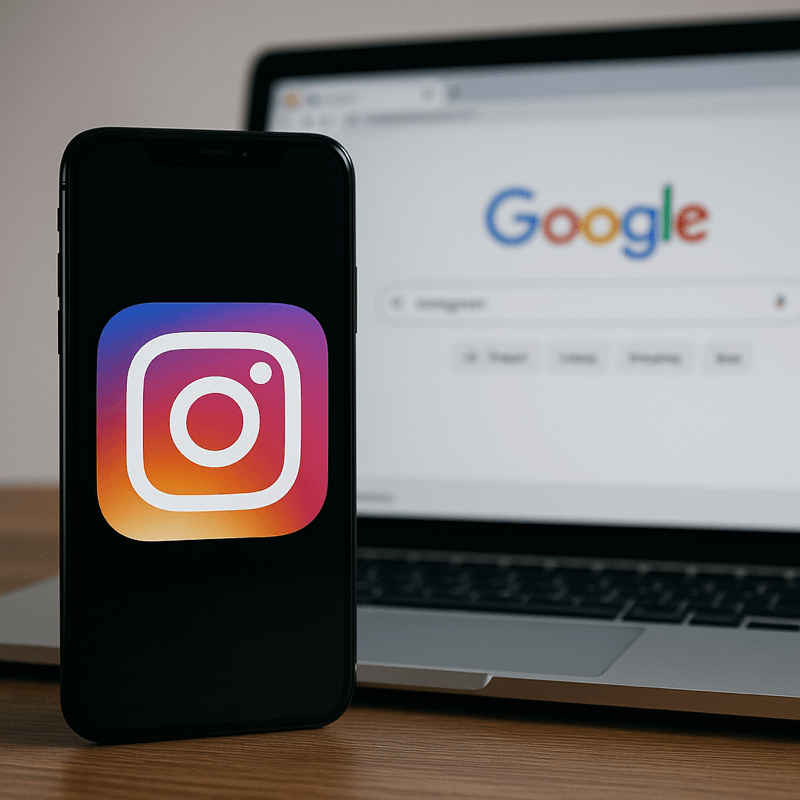 Smartphone displaying Instagram logo in front of a laptop with the Google homepage, representing Instagram content indexed by Google.