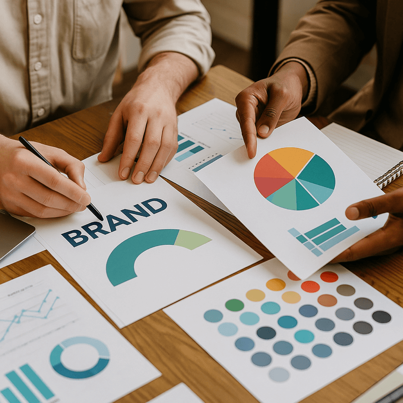 Two professionals collaborate on a brand strategy using printed charts and color palettes, representing a hands-on approach to vibe marketing.