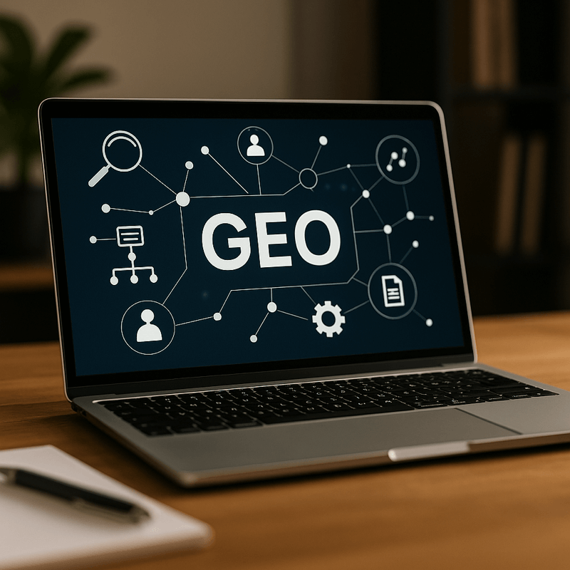 A laptop displaying a data dashboard, symbolizing the technical and content structuring aspects of generative engine optimization in a modern workspace.