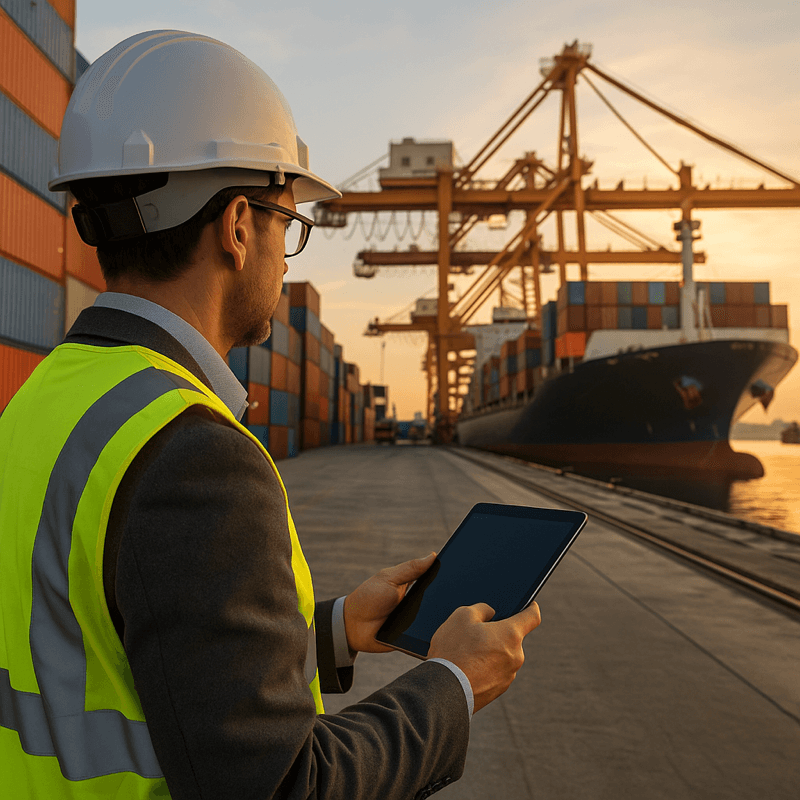 A logistics professional in a hard hat and safety vest monitors shipping containers and cargo ships at a busy port, representing supply chain resiliency.