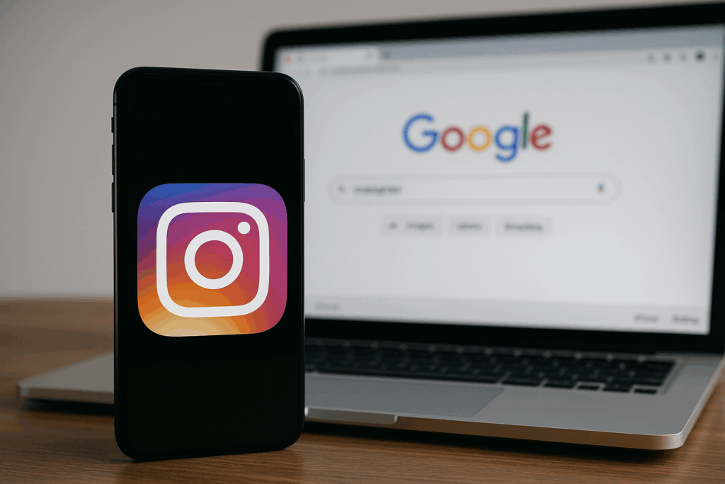 Smartphone displaying Instagram logo in front of a laptop with the Google homepage, representing Instagram content indexed by Google.