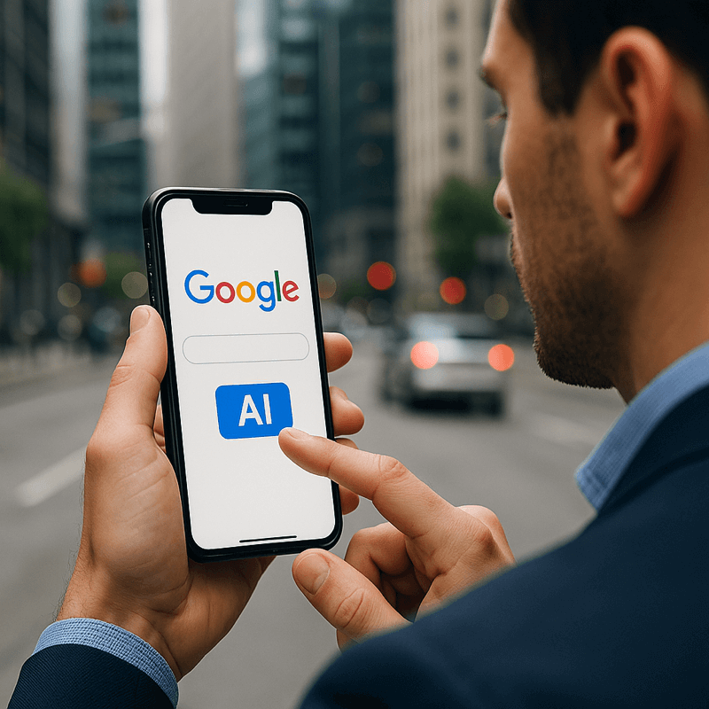 A man in a business suit uses Google AI Search on his smartphone in a city setting, displaying a conversational query.