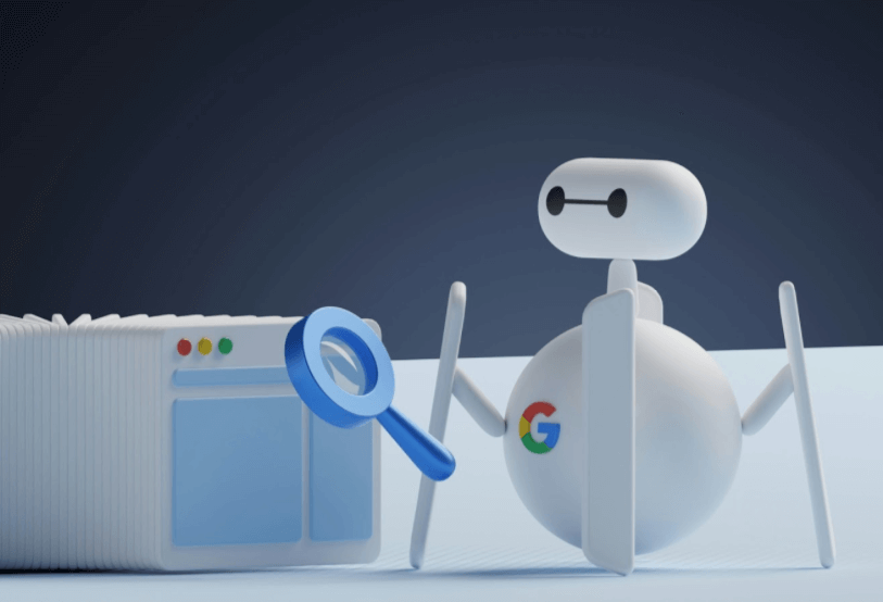 A Google bot analyzing a webpage, surrounded by glowing abstract representations of data and AI search results, symbolizing website optimization for AI.